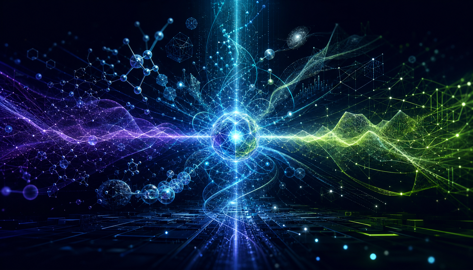 Abstract AI knowledge engine synthesizing research fields into a new glowing node